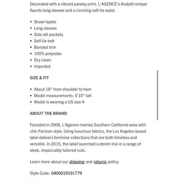 L’AGENCE Arbell paisley tic waist Romper long sleeve 0 - Picture 10 of 14